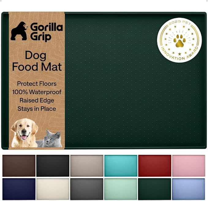GORILLA GRIP 100% Waterproof Raised Edge BPA Free Silicone Pet Feeding Mat, Dog Cat Food Mats Contain Spills Protects Floors, Placemats for Cats and Dogs Water Bowl, Pets Accessories 28x18 Green