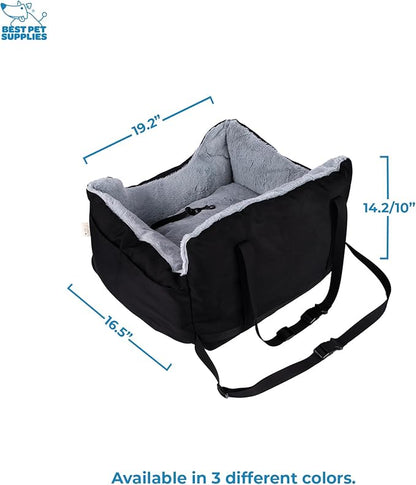 Best Pet Supplies Elevated Dog Car Seat for Small Dogs, Booster Seat with Safety Tether & Storage, Washable Travel Pet Seat for Front or Back Seat, Up to 25 lbs - Black - 21 x 20 x 14