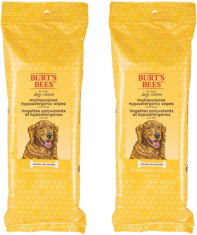 Burt's Bees for Pets Honey Multipurpose Dog Grooming Wipes, Gentle Hypoallergenic Spot Cleaning Sheets, pH Balanced Natural Origin Formula for Paws, Face and Butt, 50 Count - 2 Pack