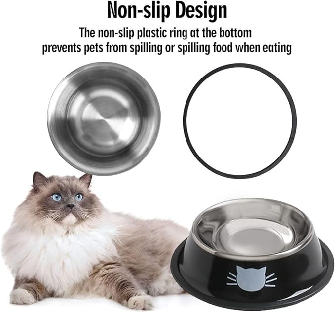 Cat Bowls for Food and Water,4PCS Rapsrk Non-Slip Stainless Steel Small Food Bowls 8 Oz Pet Bowl with Removable Rubber Base Dog Bowl,Stackable Cat Puppy Dishes Bowls with Cute Cats Painted