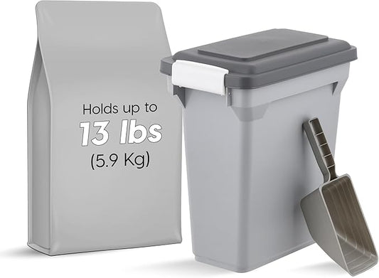 IRIS USA Dog Food Storage Container, Airtight Lid, 2-Cup Scoop, Up to 13 Pounds Pet Food Storage, Versatile Pet Food Bin, Treats, BPA Free, Gray/Dark Gray