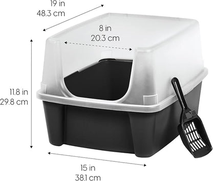 IRIS USA Large Open Top Cat Litter Box with High Sided Walls Tall Scatter Shield Scoop Included Easy Clean Plastic Pan Stain Resistant for Big Cats Kittens Indoor Multi-Cat Households