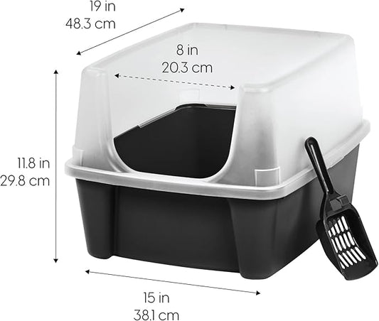 IRIS USA Large Open Top Cat Litter Box with High Sided Walls Tall Scatter Shield Scoop Included Easy Clean Plastic Pan Stain Resistant for Cats Kittens Indoor Multi-Cat Households 2-Pack Black