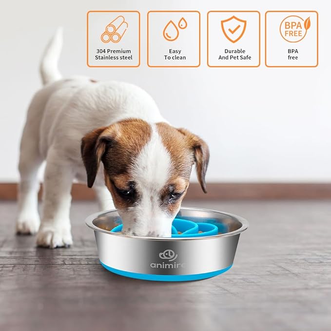 2-in-1 Metal Dog Bowl with Slow Feeder Insert, Stainless Steel Dog Bowls Food Grade 304, Water Food Bowl with Anti-Slip Silicone Base for Small, Medium, Large Dogs