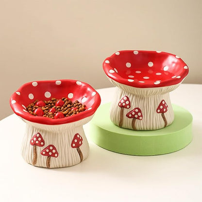 Ceramic Cat Bowl, Cute Red Mushroom Elevated Cat Food Dish, Shallow Raised Feeder, Anti Vomiting, Stress Free, Whisker Fatigue