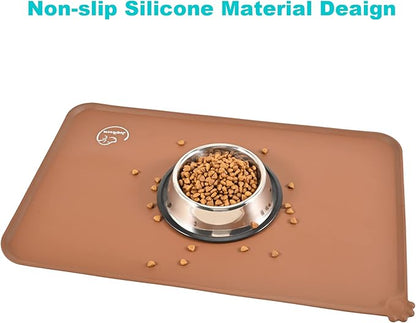 Silicone Waterproof Dog Cat Pet Feeding Mats, Non Slip, Easy Clean Pet Dog Cat Bowl Mats Placemat (18.5" x 11.5") Brown