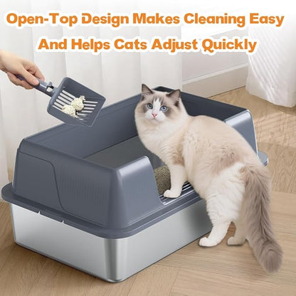 Vivifying Stainless Steel Cat Litter Box, XL Extra Large Semi-Enclosed Metal Pan with Side Entry, Scoop Included, Open Top Potty for Indoor Big Cats & Kitty, Easy to Clean & Odor Resistant (Gray)
