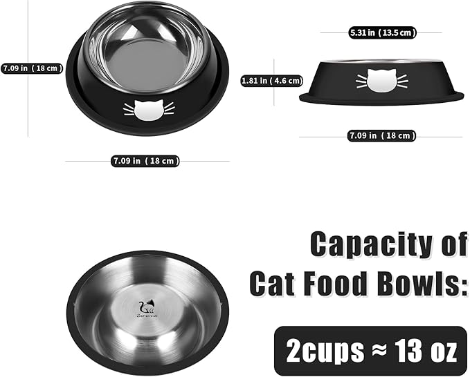 Serentive 2 Pcs Non-Slip Stainless Steel Small Cat Food Bowls - Unbreakable, Thicken 13 Oz Cat Dishes - Indoor, Removable Rubber Base, Easily Clean, Lovely Color