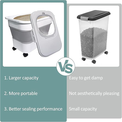Collapsible Cat Litter Storage Container with Rolling Casters,20 Lbs Cat Litter Storage with Wheels,Airtight Lids,Cat Litter Shovel,Portable Cat Litter Storage Bin Container,BPA Free (Gray)