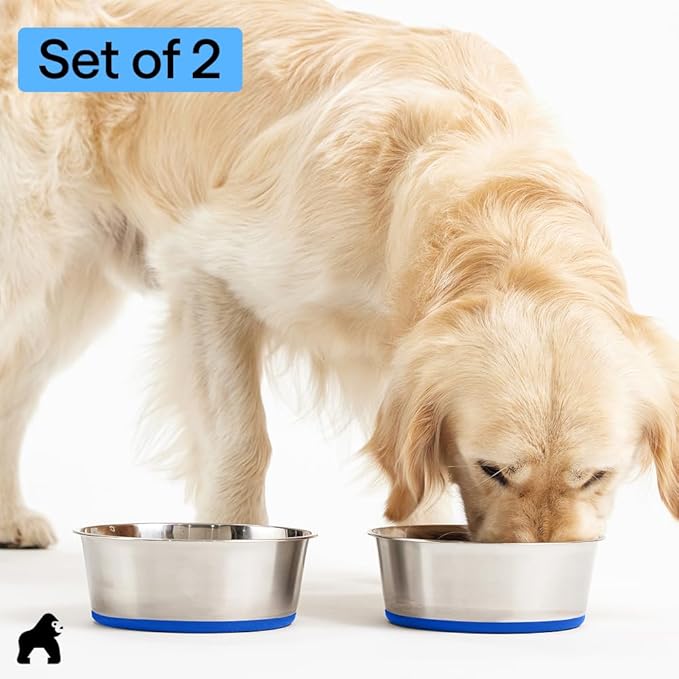 GORILLA GRIP Dog Bowls, Food Grade 304 Stainless Steel, Holds 6 Cups Each (48 fl oz) Food and Water Bowl for Feeding Dogs and Cats, Dishwasher Safe, Rust Resistant, BPA Free Rubber Base Set of 2 Blue