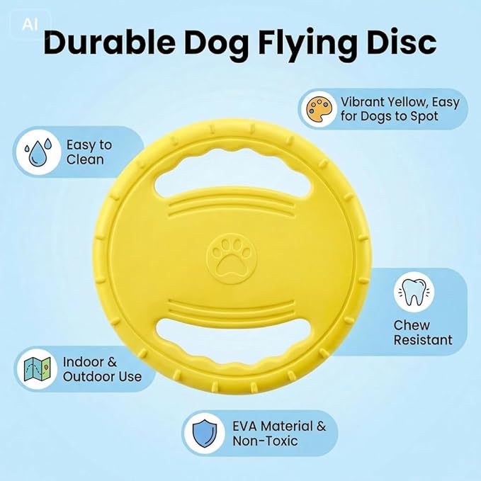 EVA Dog Flying Disc Toy, Durable Interactive Fetch with Dual Grip Holes, Non-Slip Floating Pet Toy for Small Medium Large Dogs, Outdoor Park Beach Play (Yellow)