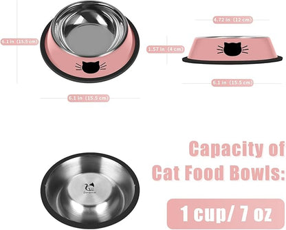 Serentive 2 Pcs Non-Slip Stainless Steel Small Cat Food Bowls - Unbreakable, Thicken 7 Oz Cat Dishes - Indoor, Removable Rubber Base, Easily Clean, Lovely Color