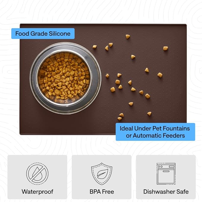 GORILLA GRIP 100% Waterproof Raised Edge BPA Free Silicone Pet Feeding Mat, Dog Cat Food Mats Contain Spills Protects Floors, Placemats for Cats and Dogs Water Bowl, Pets Accessories 16x10, Brown