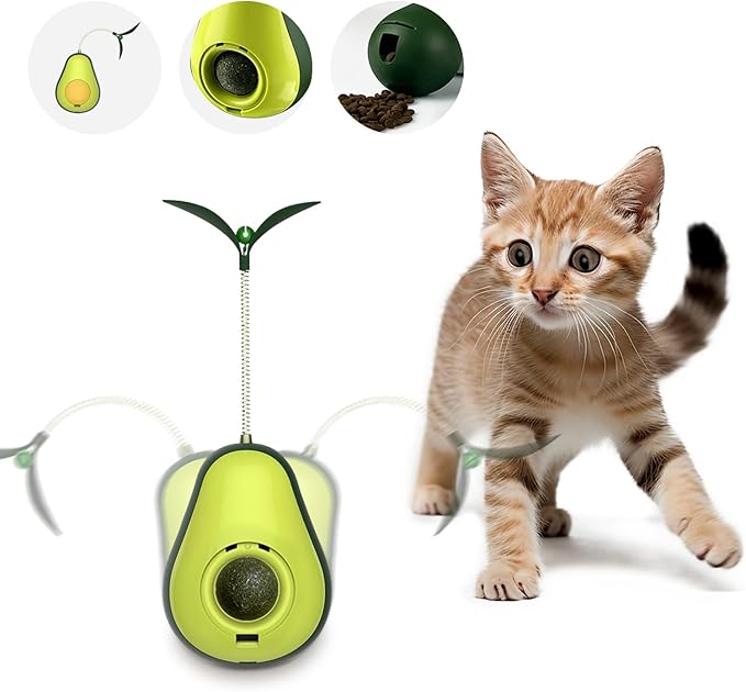 3-in-1 Catnip Toys for Cats with Feather Cat Toy Wand & Cat Treat Dispenser, Tumbler Interactive Christmas Cat Toys for Indoor Cats, Avocado Cat Puzzle Feeder, Funny Kitten Treats