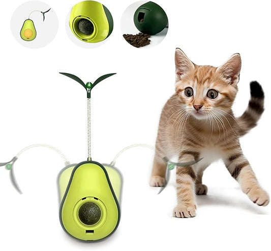 3-in-1 Catnip Toys for Cats with Feather Cat Toy Wand & Cat Treat Dispenser, Tumbler Interactive Christmas Cat Toys for Indoor Cats, Avocado Cat Puzzle Feeder, Funny Kitten Treats