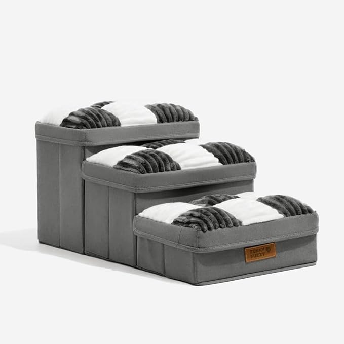 FUNNYFUZZY Dog Stairs with Storage 13“H,Foldable 3-Step Pet Steps for Small Medium Dogs with Sturdy Stylish Cover,Dog Steps for Couch Sofa and Chair,Non-Slip, Indoor,Grey