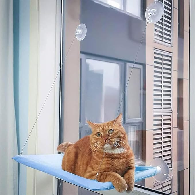 Cat Hammock with Suction Cups - Window Bed & Perch for Indoor Cats - Space Saving Window Seat - Blue