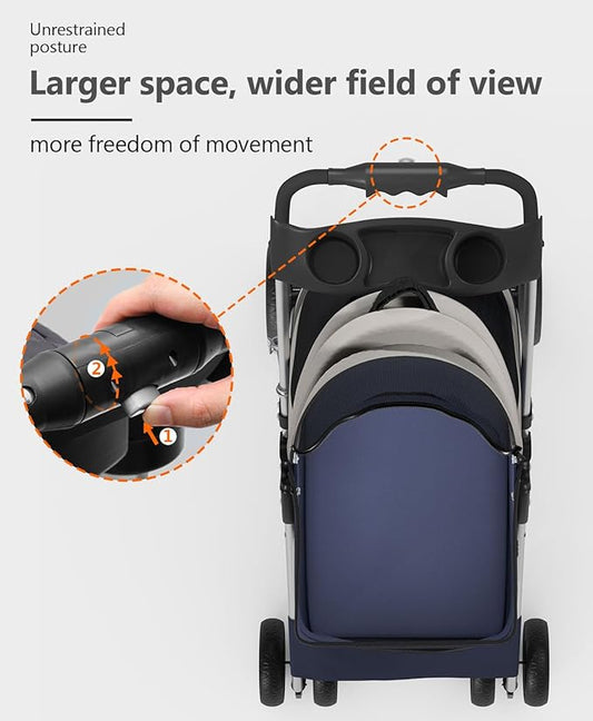 Pet Stroller with 4 Wheels for Small/Medium Pets,Travel Foldable Detachable Carrier for Dog Cat Cage Jogger Stroller, Rear Wheel Breaks, Storage Basket, Visible Mesh Weather Cover (Navy Blue)