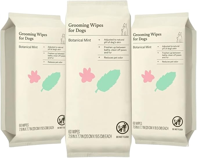 Kindfull Dog Grooming Wipes – 3 Pack (180 Total), Botanical Mint Scent – Gentle, pH-Balanced Pet Wipes for Paws & Fur – Plant-Based, Alcohol-Free – 7.9" x 7.7" Each