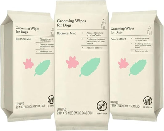 Kindfull Dog Grooming Wipes – 3 Pack (180 Total), Botanical Mint Scent – Gentle, pH-Balanced Pet Wipes for Paws & Fur – Plant-Based, Alcohol-Free – 7.9" x 7.7" Each