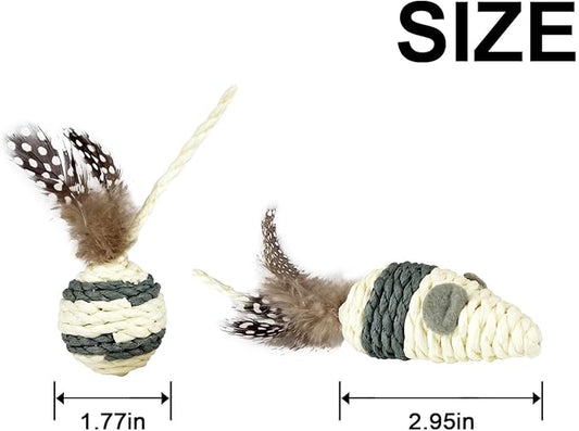 TTcat Cat Toys Set with Paper Rope & Feathers Ball and Mouse 2 Pack, Interactive Toys for Indoor Cats and Kittens.