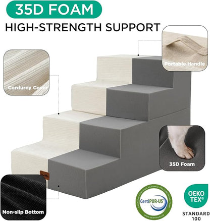 Made4Pets Dog Steps for Bed, Extra Wide Dog Stairs for High Bed Couch Sofa, 35D Foam Pet Steps for Small Dogs and Cats(Up to 40lbs), Non-Slip Bottom Pet Stairs, Beige, 4 Steps