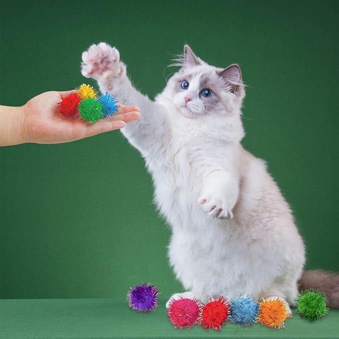 yuntop 70 Pack Assorted Color Sparkle Balls Glitter Tinsel Ball Cat Sparkle Balls Toys Interactive Cats Pom Poms Ball for Kittens Cat's Favorite Toy