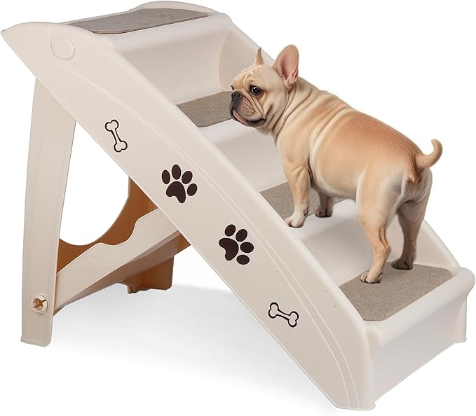 Dog Stairs for High Beds, Foldable Pet Steps Ramp with Non-Slip Bottom for Cats and Small Dogs, for Couch, Car, Portable Waterproof Dog Steps, Beige