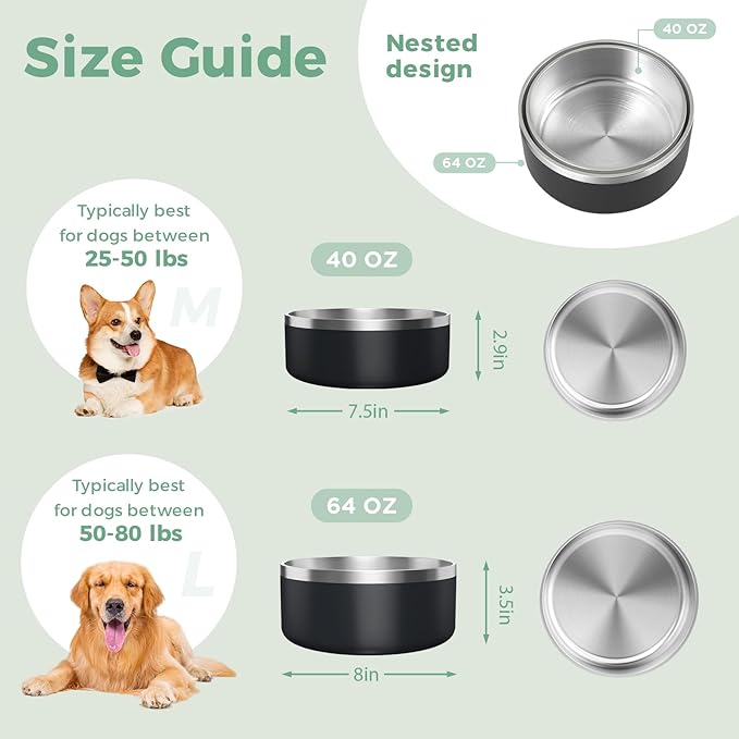 LIHONG Stainless Steel Dog Bowls for Small Medium Sized Dogs Non Slip,Insulated Dog Bowl,Pet Bowl for Food and Water,Rustproof(40oz,Black)