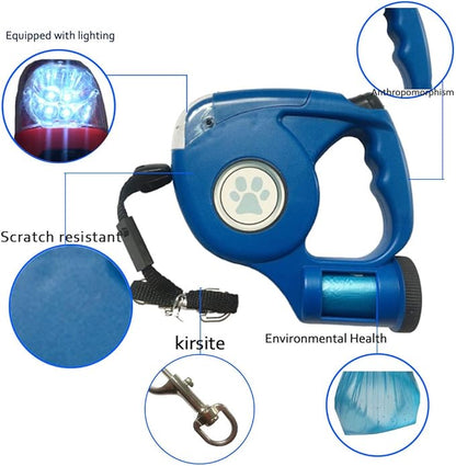 JEBBLAS Upgraded Dog Retractable Leashes with Flashlight and Waste Bag Dispenser, 3 in 1 Automatic Dog Walking Leash with Anti-Slip Handle, Blue, 15ft