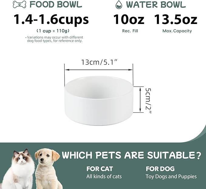 Ceramic 5.1inch Set of 2 Dog and Cat Bowls, Food and Water Feeder for Small Breed Dogs, Kitty, Cats, 2pcs Dog & Cat Dishes(2 Bowls, White)