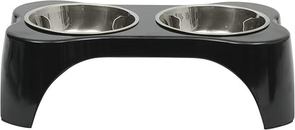 Gibson Home Bow Wow Meow 3-Piece Elevated Dog Bowl Set – Bone-Shaped Raised Feeder with 2 Stainless Steel Bowls for Medium to Large Dogs, Non-Slip, Easy to Clean, Black