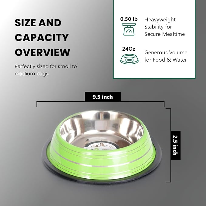 Iconic Pet Color Splash Stripe Non-Skid Stainless Steel Dog & Cat Bowl - Green, 24 Oz, 3 Cup, Durable, Easy to Clean, Anti-Slip Feeding Dish for Food & Water, Stylish Design for Dogs and Cats