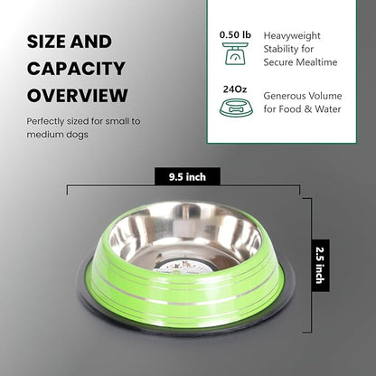 Iconic Pet Color Splash Stripe Non-Skid Stainless Steel Dog & Cat Bowl - Green, 24 Oz, 3 Cup, Durable, Easy to Clean, Anti-Slip Feeding Dish for Food & Water, Stylish Design for Dogs and Cats