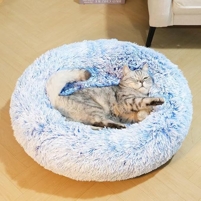 Cat Beds for Indoor Cats - Cat Bed Washable 24 inches, Dog Beds for Small Medium Dogs, Anti Anxiety Round Fluffy Plush Faux Fur Cat Bed, Thick Bottom (Cornflower Blue, Large 24" L x 24" W)