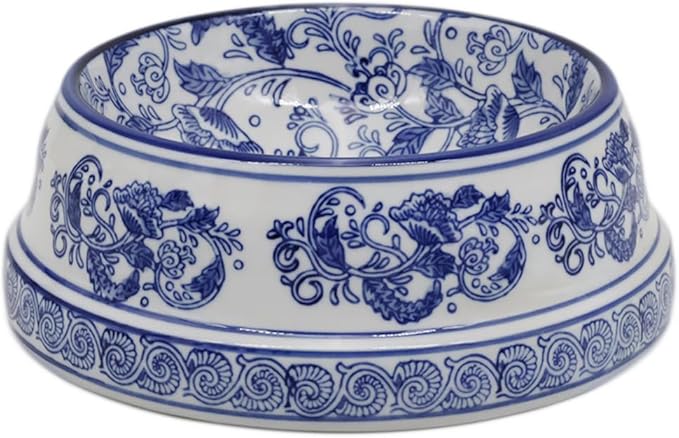 Aimusego Basics Ceramic Non-Skid Pet Dog Water and Food Bowl,Chinoiserie Blue&White Dog Cat Puppy Feeding Bowls Dish,Ideal for Small to Medium Dogs 9inch