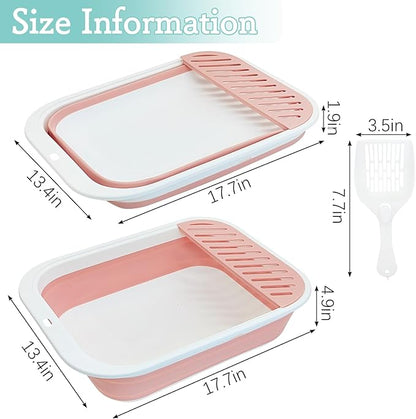 Fhiny Kitten Litter Box Portable Shallow Litter Box 17.7"x13.4"x4.9" Foldable Cat Toilet with Scoop Open Kitty Potty Pan with Litter Drop Pedal Easy to Clean Travel Kitten Toilet(Pink)