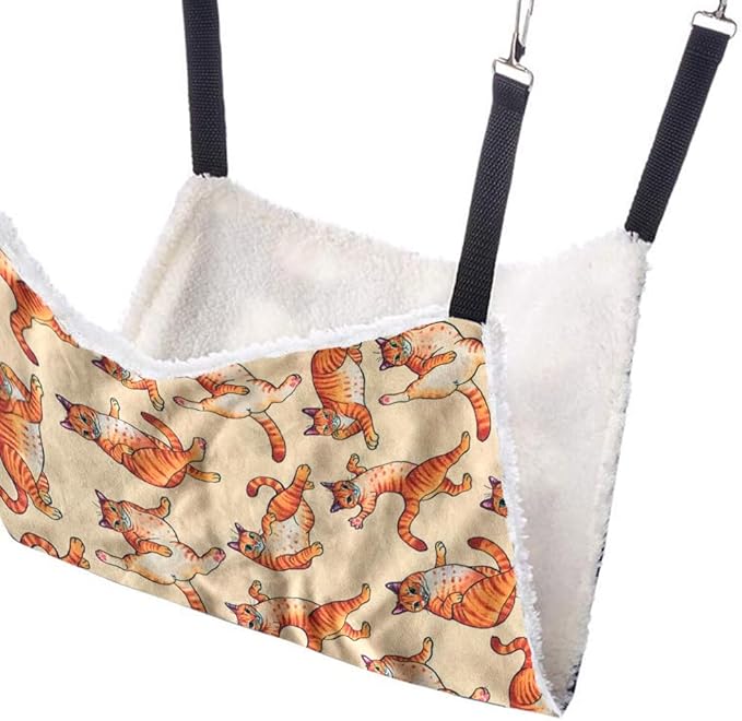 WIRESTER Reversible Cat Hanging Hammock 22.8 x 18.9 Inch, Pet Cage Hammock Bed with Adjustable Straps, Soft Sleeping Hammock for Cat, Ferret, Puppy Dog, Rabbit, Small Animals - Orange Tabby Cat Funny
