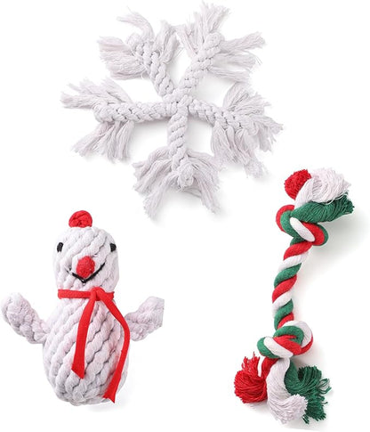 LUCKITTY Christmas Dog Ropes Toy Set - for Small, Medium, and Large Dogs - Includes a Knot Toy, a Snowman, and a Snowflake