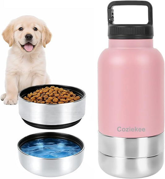 3-in-1 Dog Water Bottle Portable, 32oz Insulated Stainless Steel Pet Water Dispenser with 2 Detachable Travel Dog Bowls for Water & Food, Leak-Proof Puppy Water Bottle for Hiking, Walking (Pink)