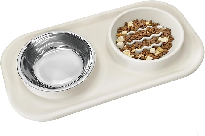 Waterproof Silicone Cat Food Bowls, Stainless Steel & Silicone Slow Feeder Double Bowls, Non-Skid & Non-Spill Raised Edge, Food and Water Feeder for Cat and Puppy