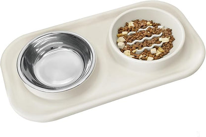 Waterproof Silicone Cat Food Bowls, Stainless Steel & Silicone Slow Feeder Double Bowls, Non-Skid & Non-Spill Raised Edge, Food and Water Feeder for Cat and Puppy
