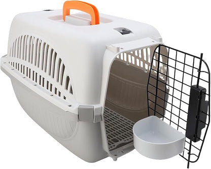 Plastic Pet Carrier, 18.9x12.6x12.6 inch Hard Sided Travels Cat Crate with Wire Door and Water Bowl Ventilation and Security Lock Design Portable Small Dog Kennel for Camping (Grey)