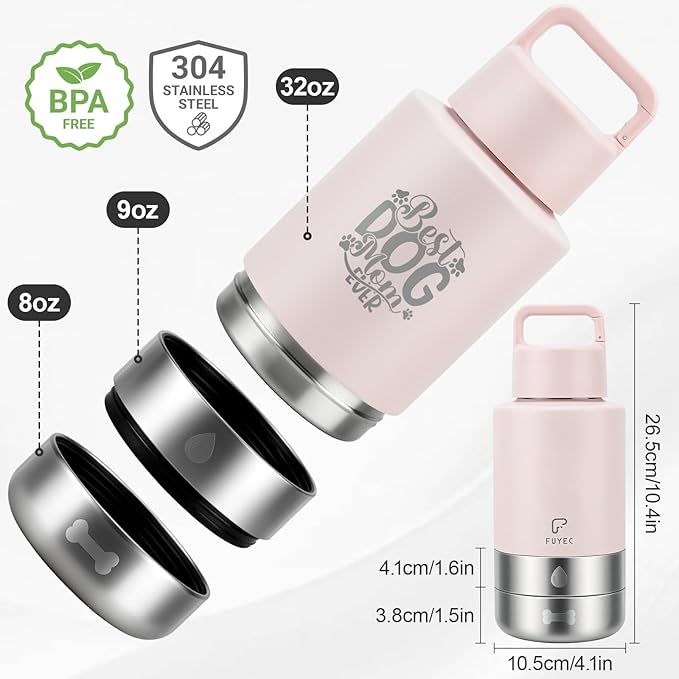 32oz Insulated Dog Water Bottle Dispenser, 3-in-1 Stainless Steel Travel Cup with 2 Detachable Food and Water Bowls, Leak Proof Large Pet Gear, Dog Mom Gift for Dog Lovers