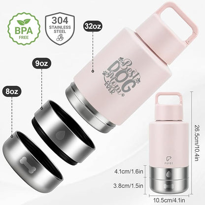 32oz Insulated Dog Water Bottle Dispenser, 3-in-1 Stainless Steel Travel Cup with 2 Detachable Food and Water Bowls, Leak Proof Large Pet Gear, Dog Mom Gift for Dog Lovers