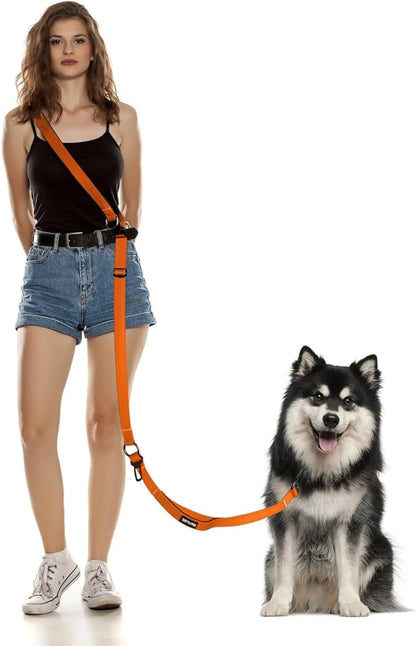 Hands Free Dog Leash, Multifunctional Crossbody Dog Leash, 5.9-9.5Ft Long Waist Belt with Car Seatbelt and Double-Sided Reflective Stitches for Medium and Large Dogs Walking, Jogging(Orange).