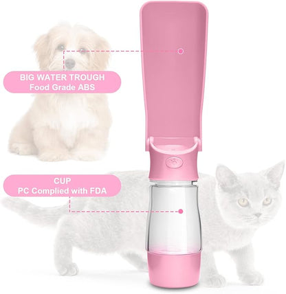 Dog Water Bottle with Food Container, Foldable Puppy Travel Water Dispenser Cup, Leak Proof Portable Dog Water Bowl Summer Accessories for Pet Outdoor Walking Hiking (Pink)