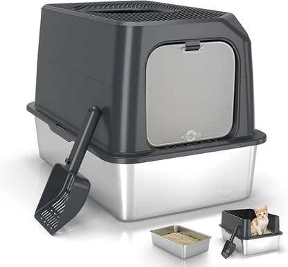 Large Stainless Steel Cat Litter Box with Lid - Odor-Resistant & Enclosed Design, Anti-Leakage & Non-Sticky Surface for Easy Cleaning (Gray)