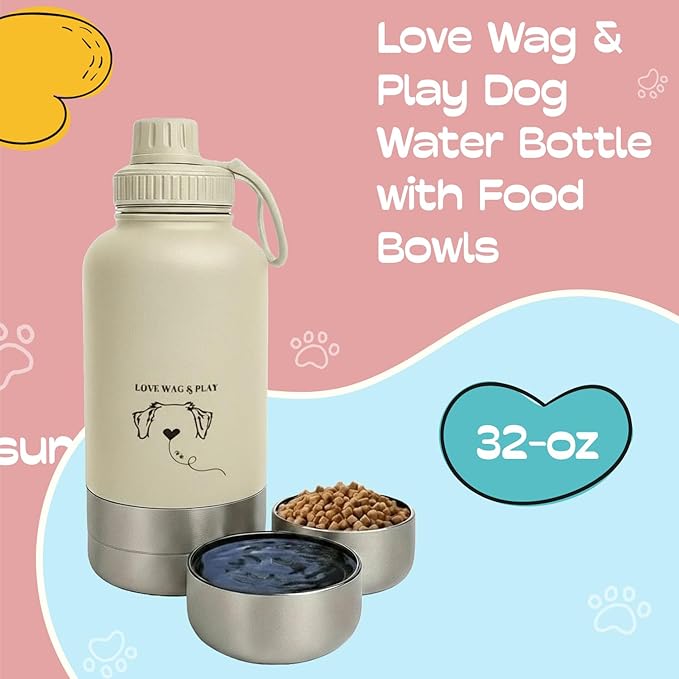 Love Wag & Play Dog Water Bottle with Food Bowls, Portable Stainless Steel Bottle for Dogs, Leakproof Travel Design with Detachable Bowls for Walks, Hikes and Outdoor Adventures (32 oz)