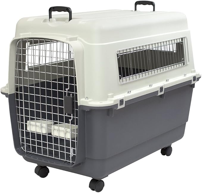 SportPet Airline Compliant X-LARGE 32.25" Travel Dog Kennel-Durable Plastic Airline Pet Carrier w/Removable Wheels & Food Bowls, Collapsible Indoor/Outdoor Dog Kennel, Dog up to 32"L & 23"H-Cream/Gray